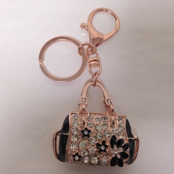 2-Way, Black Floral Rhinestone Handbag Charm- Key Chain - Picture 8 of 10